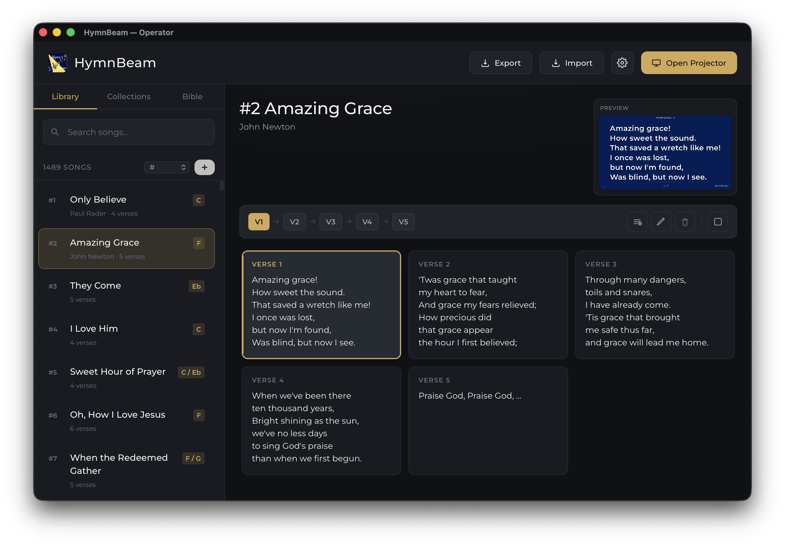 HymnBeam operator window showing Amazing Grace with all five verse cards and a live preview panel